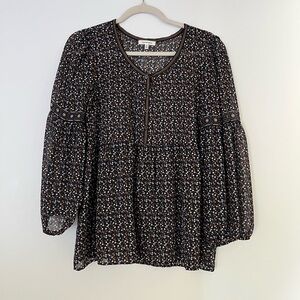 Max Studio Mixed Dot Peasant Blouse - Black